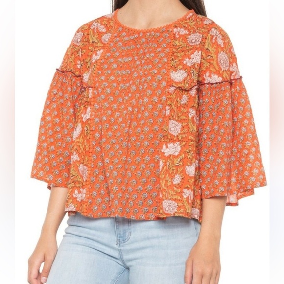 Rachel Zoe Orange Floral Blouse Boho 3/4 Sleeve - Picture 1 of 9